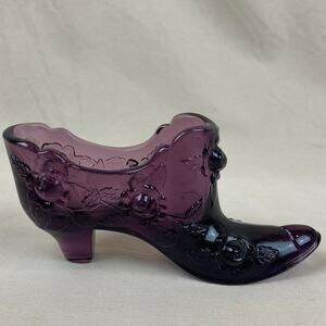 Fenton Glass Purple Amethyst Shoe Slipper Cabbage Rose Pattern